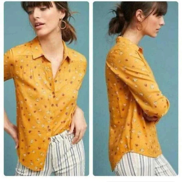 ANTHROPOLOGIE Maeve Women's Mustard Yellow Floral Button Down Blouse Top Sz 4‎ - Picture 1 of 9